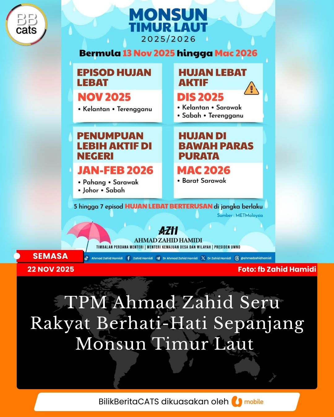 TPM Ahmad Zahid Seru Rakyat Berhati-Hati Sepanjang Monsun Timur Laut