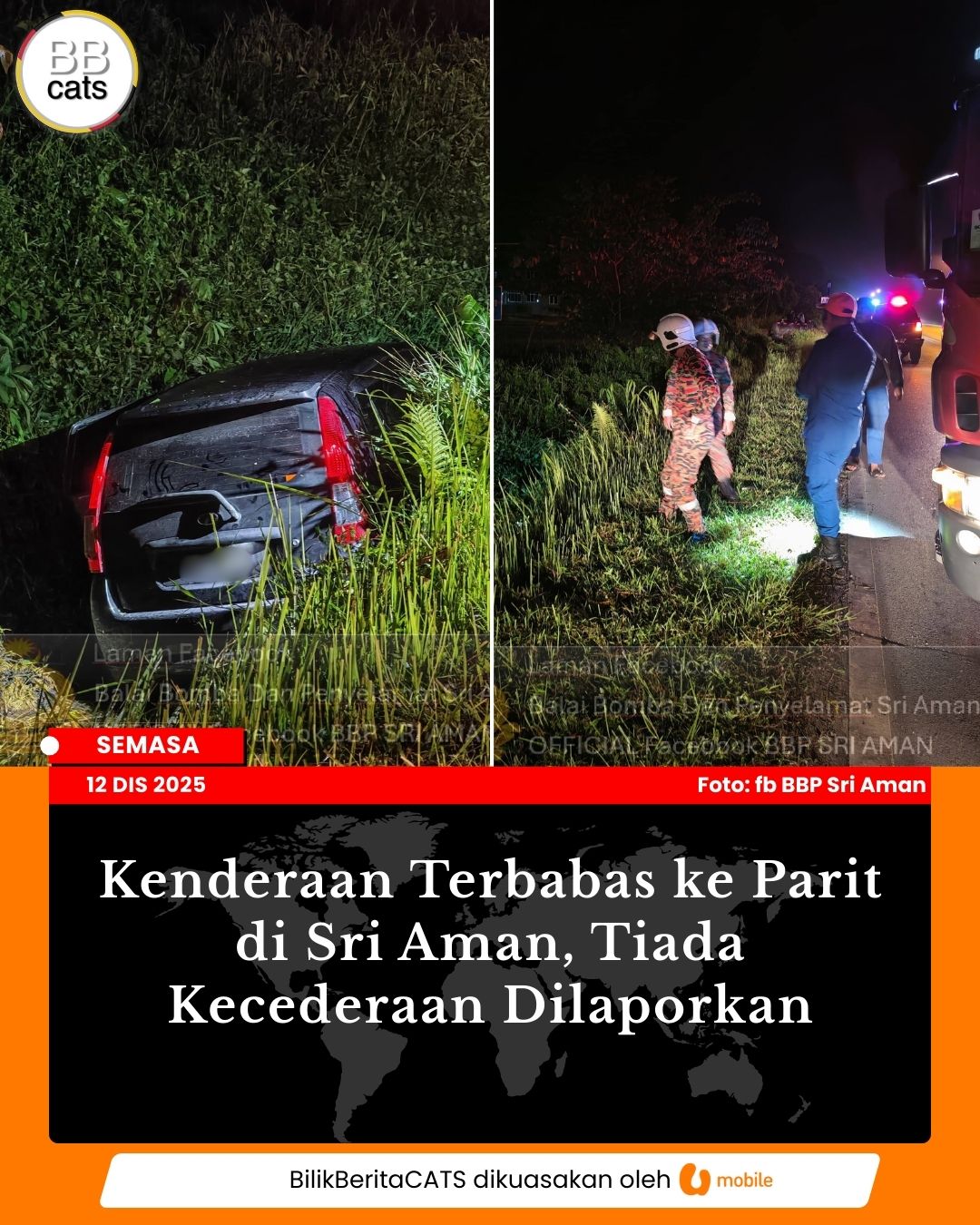 Kenderaan Terbabas ke Parit di Sri Aman, Tiada Kecederaan Dilaporkan