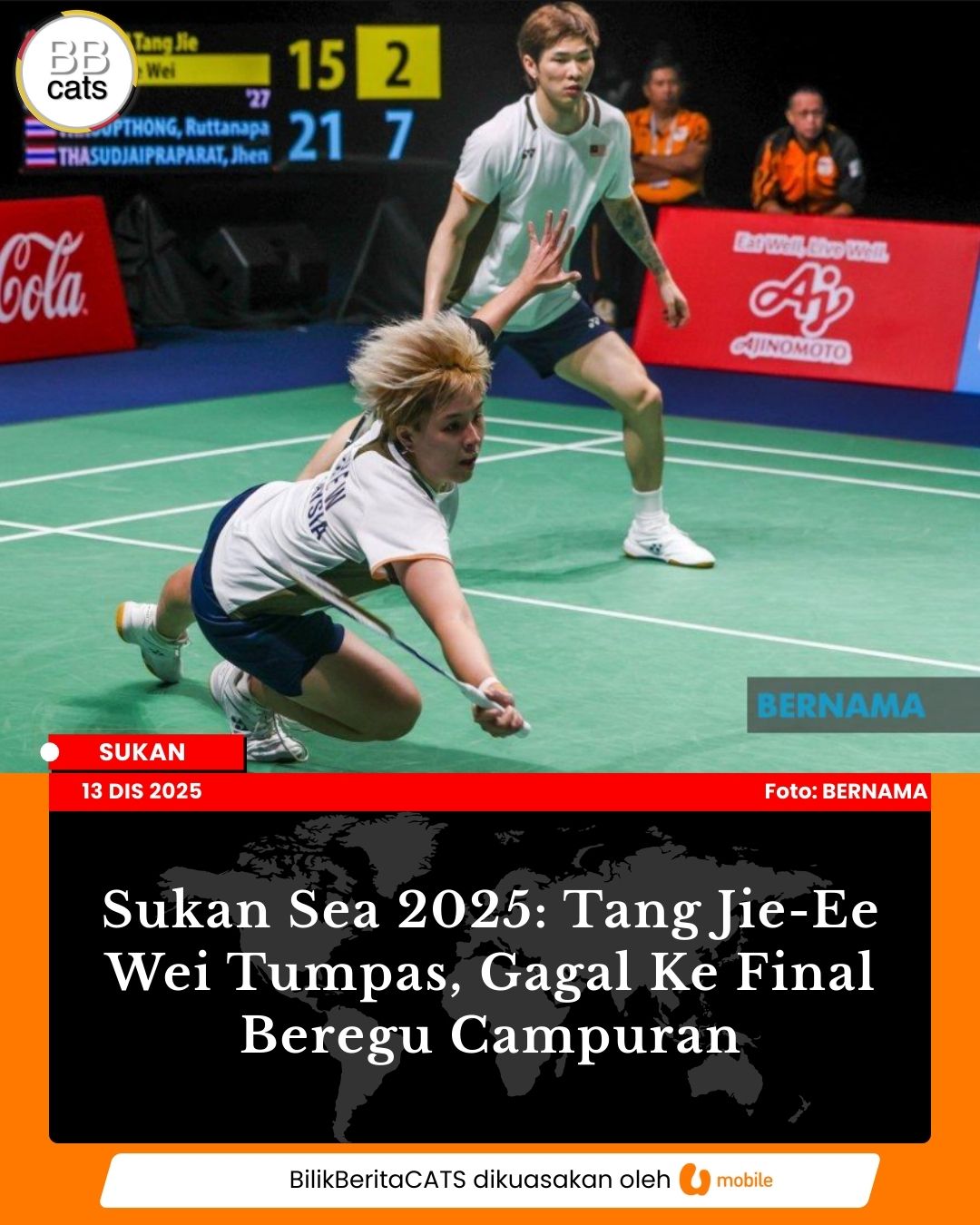 Sukan Sea 2025: Tang Jie-Ee Wei Tumpas, Gagal Ke Final Beregu Campuran