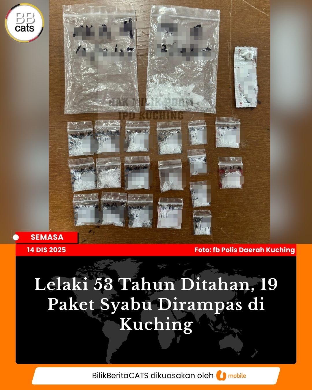 Lelaki 53 Tahun Ditahan, 19 Paket Syabu Dirampas di Kuching