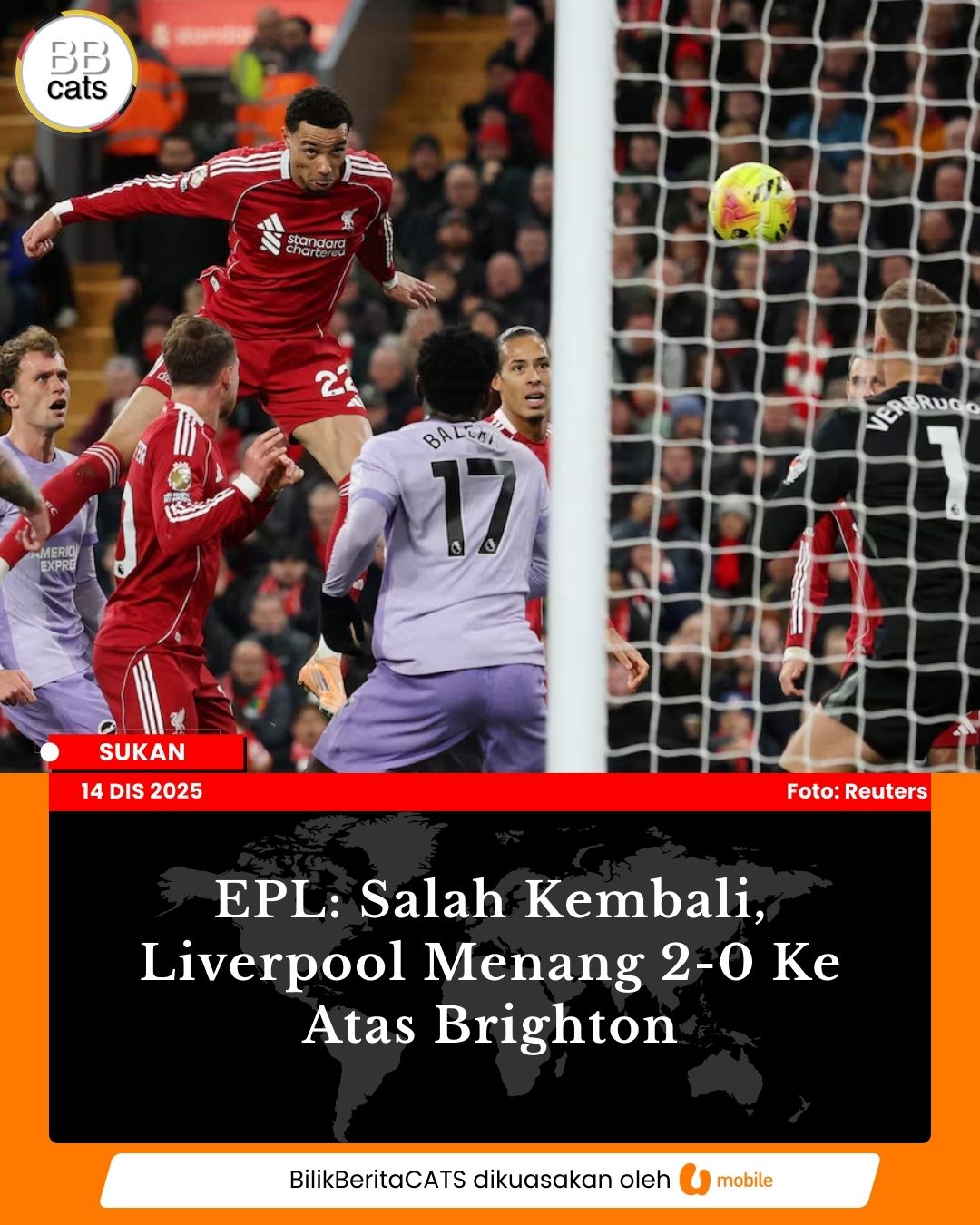 EPL: Salah Kembali, Liverpool Menang 2-0 Ke Atas Brighton