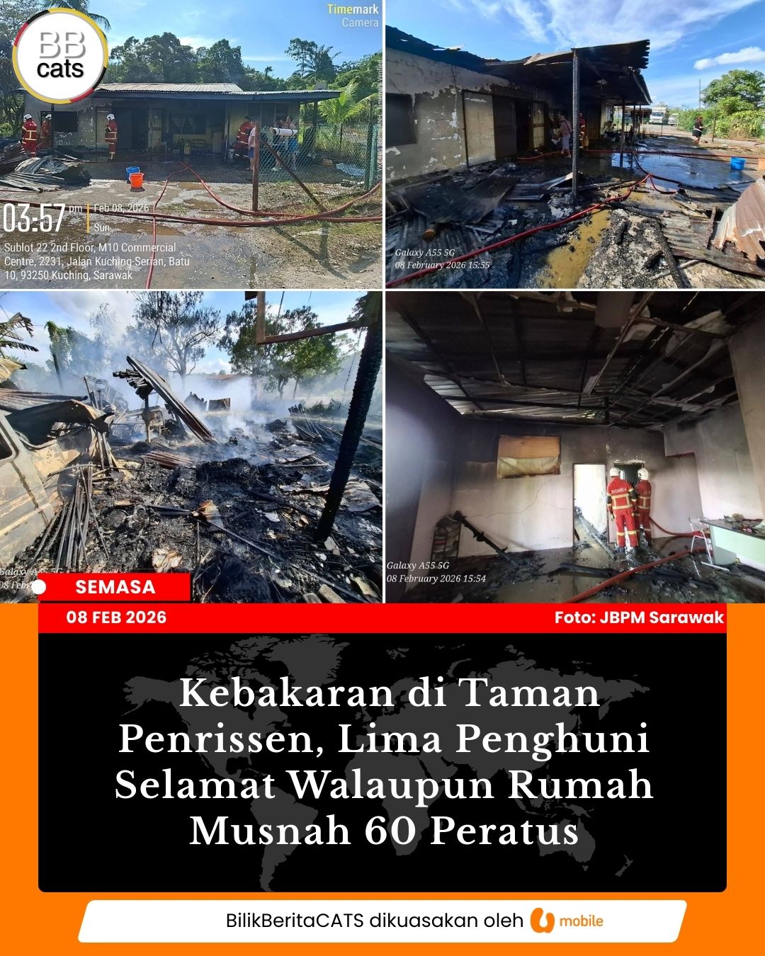 Kebakaran di Taman Penrissen, Lima Penghuni Selamat Walaupun Rumah Musnah 60 Peratus