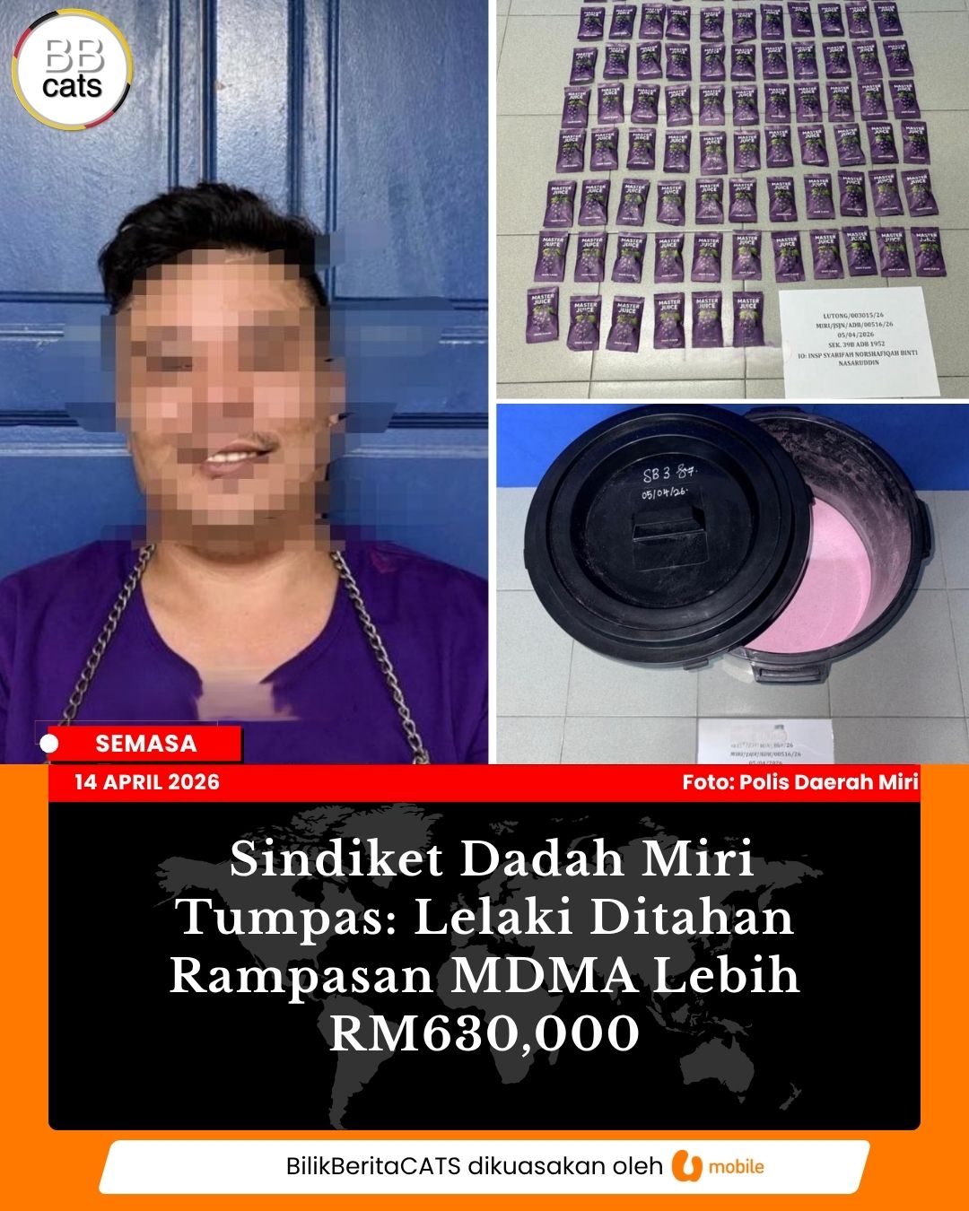 Sindiket Dadah Miri Tumpas: Lelaki Ditahan Rampasan MDMA Lebih RM630,000