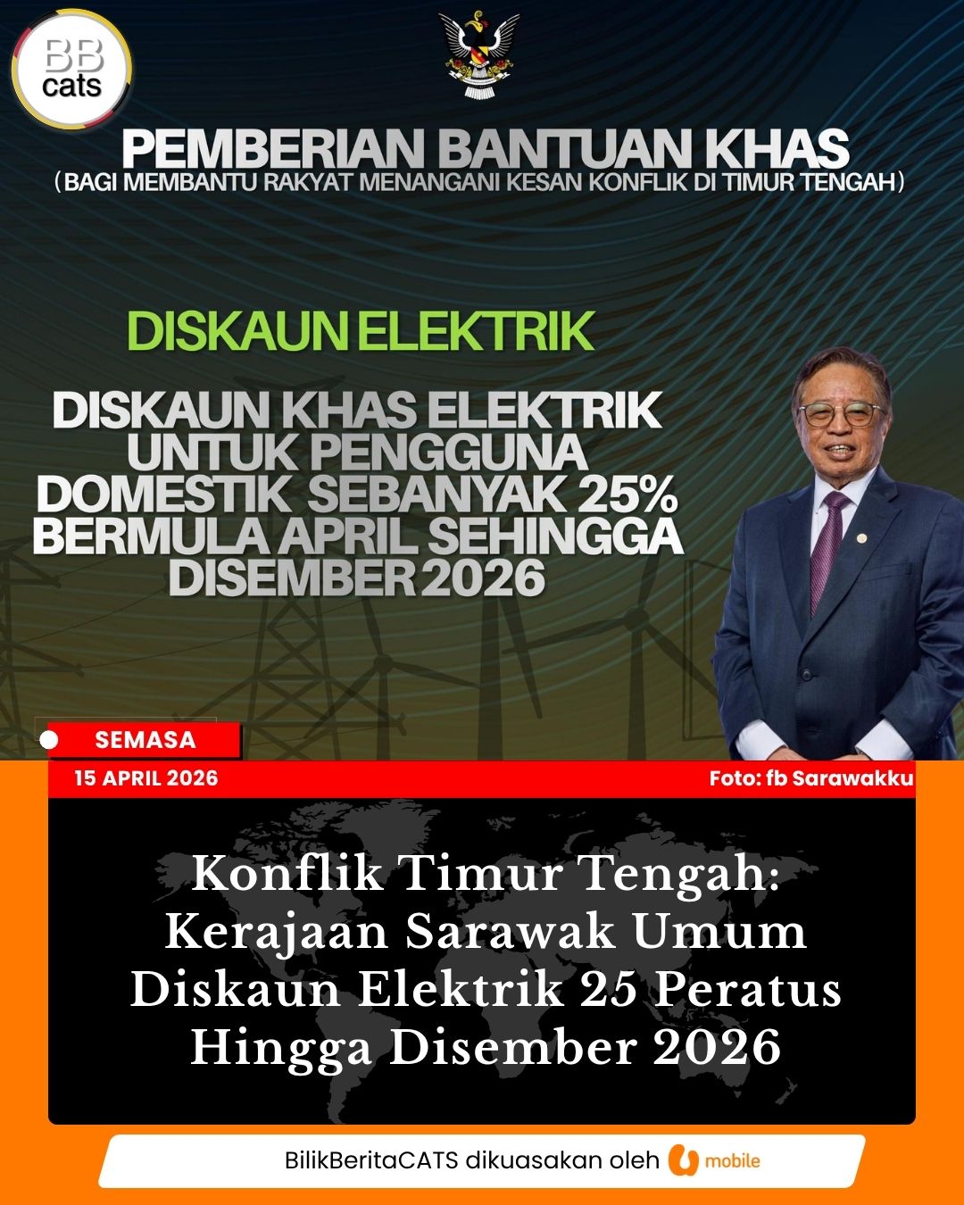 Konflik Timur Tengah: Kerajaan Sarawak Umum Diskaun Elektrik 25 Peratus Hingga Disember 2026