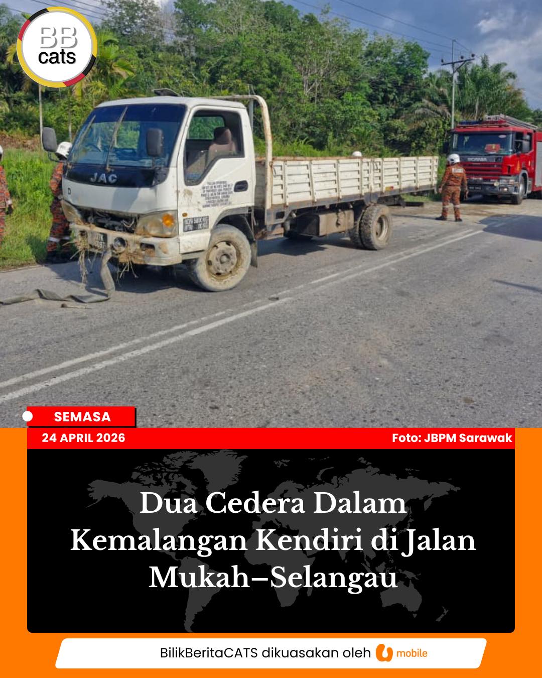 Dua Cedera Dalam Kemalangan Kendiri di Jalan Mukah-Selangau