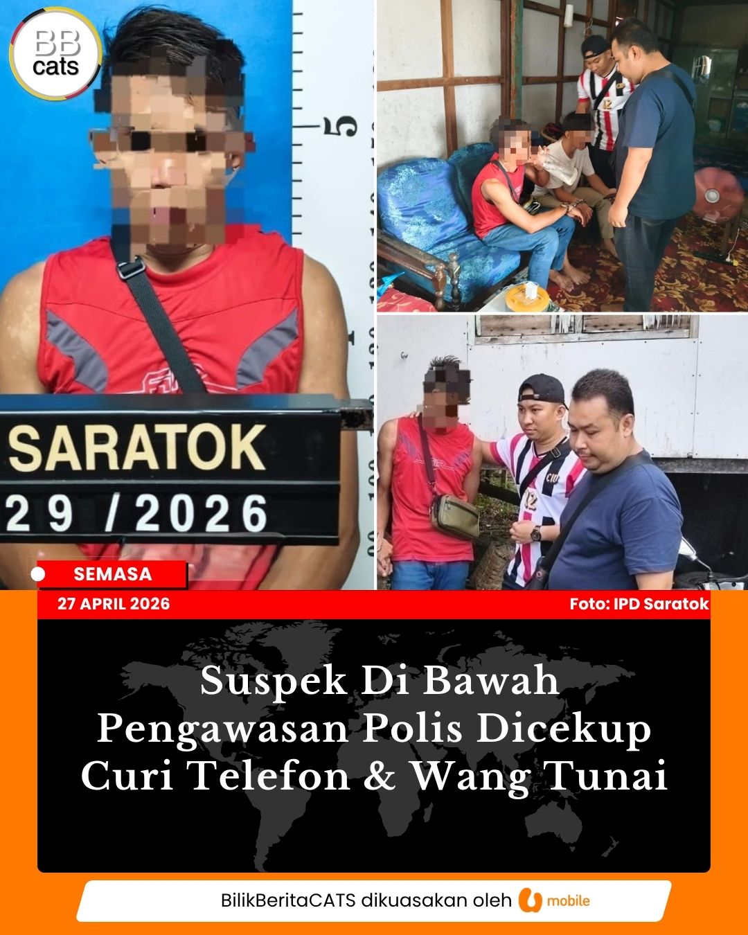 Suspek Di Bawah Pengawasan Polis Dicekup Curi Telefon & Wang Tunai