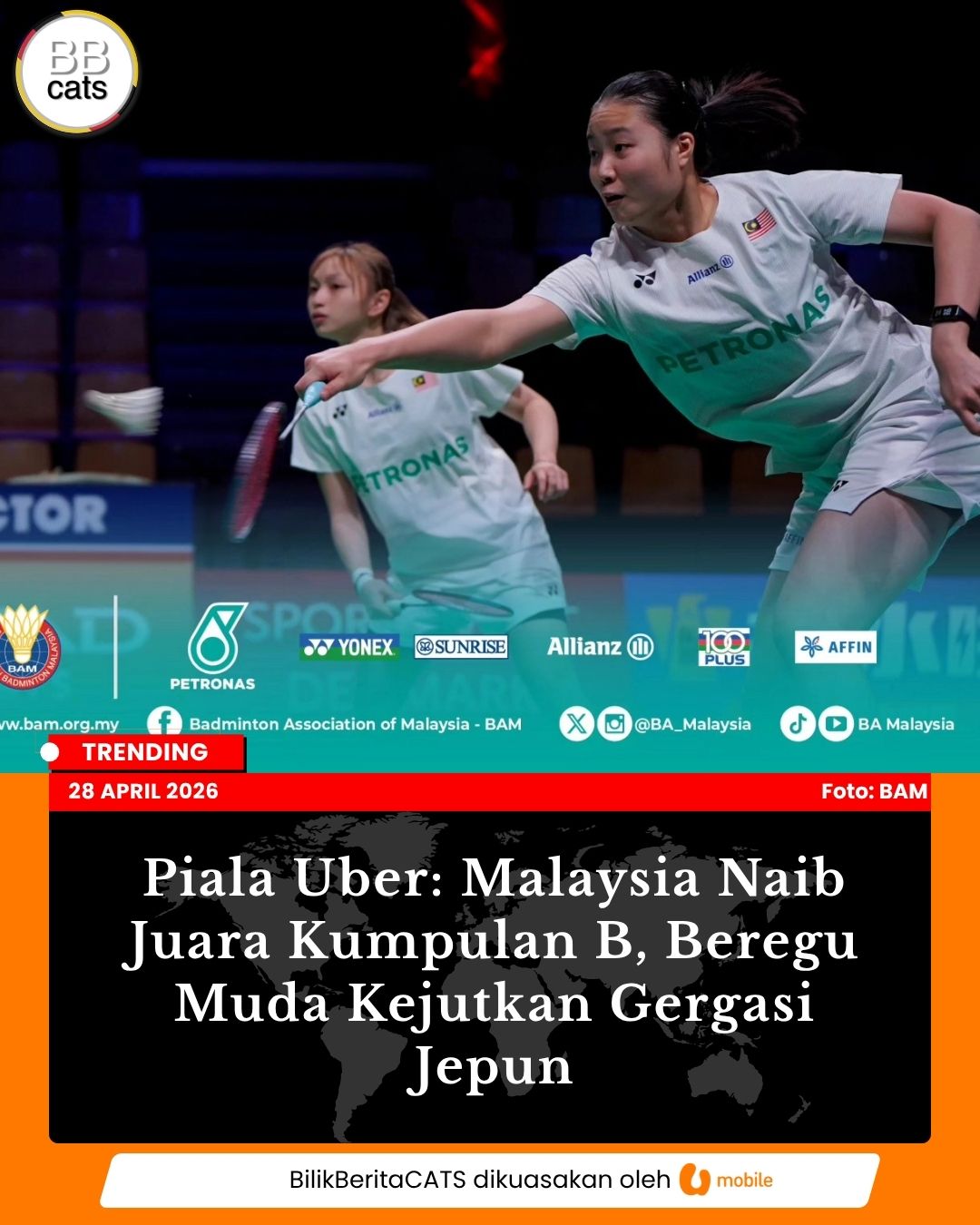 Piala Uber: Malaysia Naib Juara Kumpulan B, Beregu Muda Kejutkan Gergasi Jepun