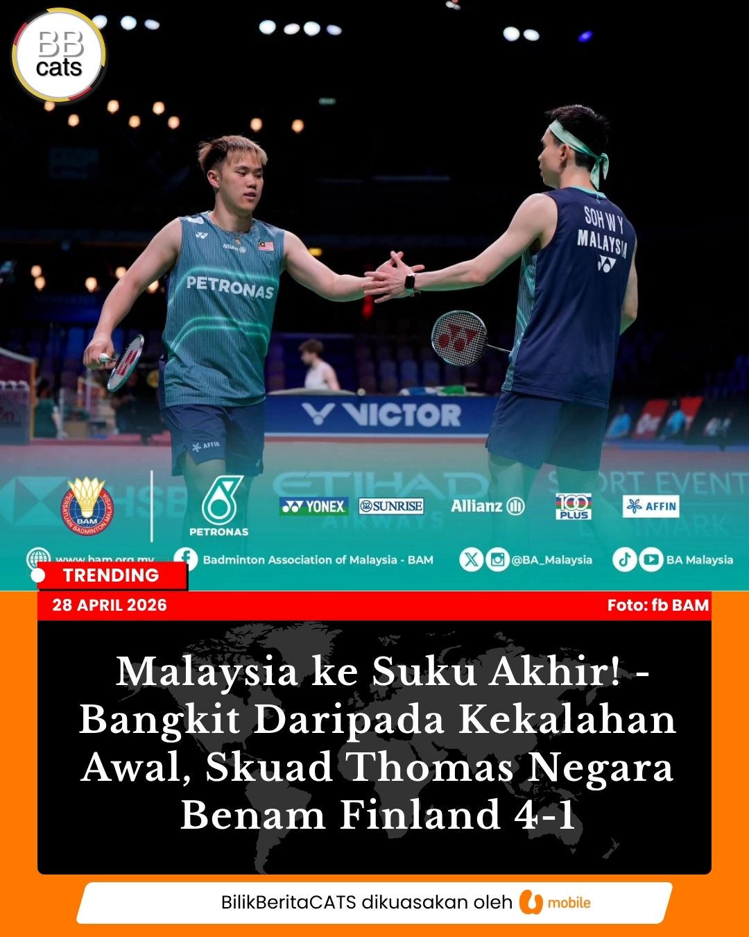 Malaysia ke Suku Akhir! - Bangkit Daripada Kekalahan Awal, Skuad Thomas Negara Benam Finland 4-1