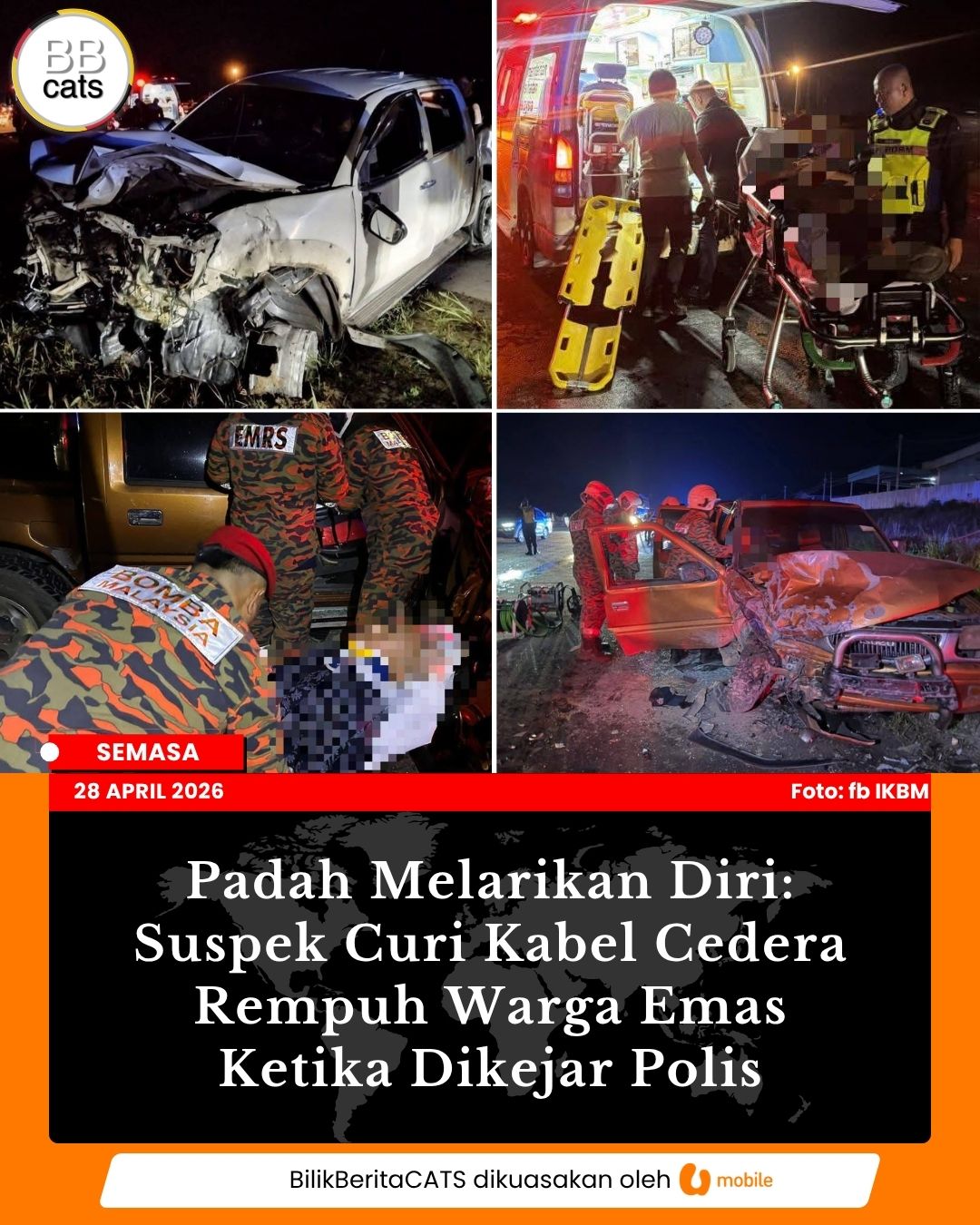 Padah Melarikan Diri: Suspek Curi Kabel Cedera Rempuh Warga Emas Ketika Dikejar Polis