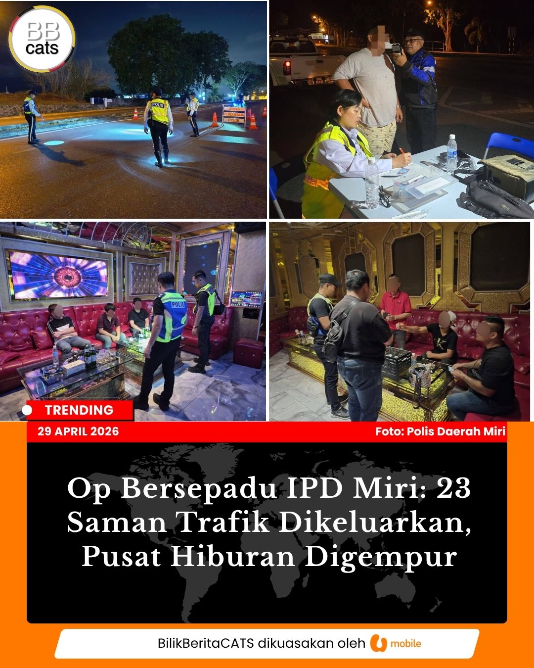 Op Bersepadu IPD Miri: 23 Saman Trafik Dikeluarkan, Pusat Hiburan Digempur