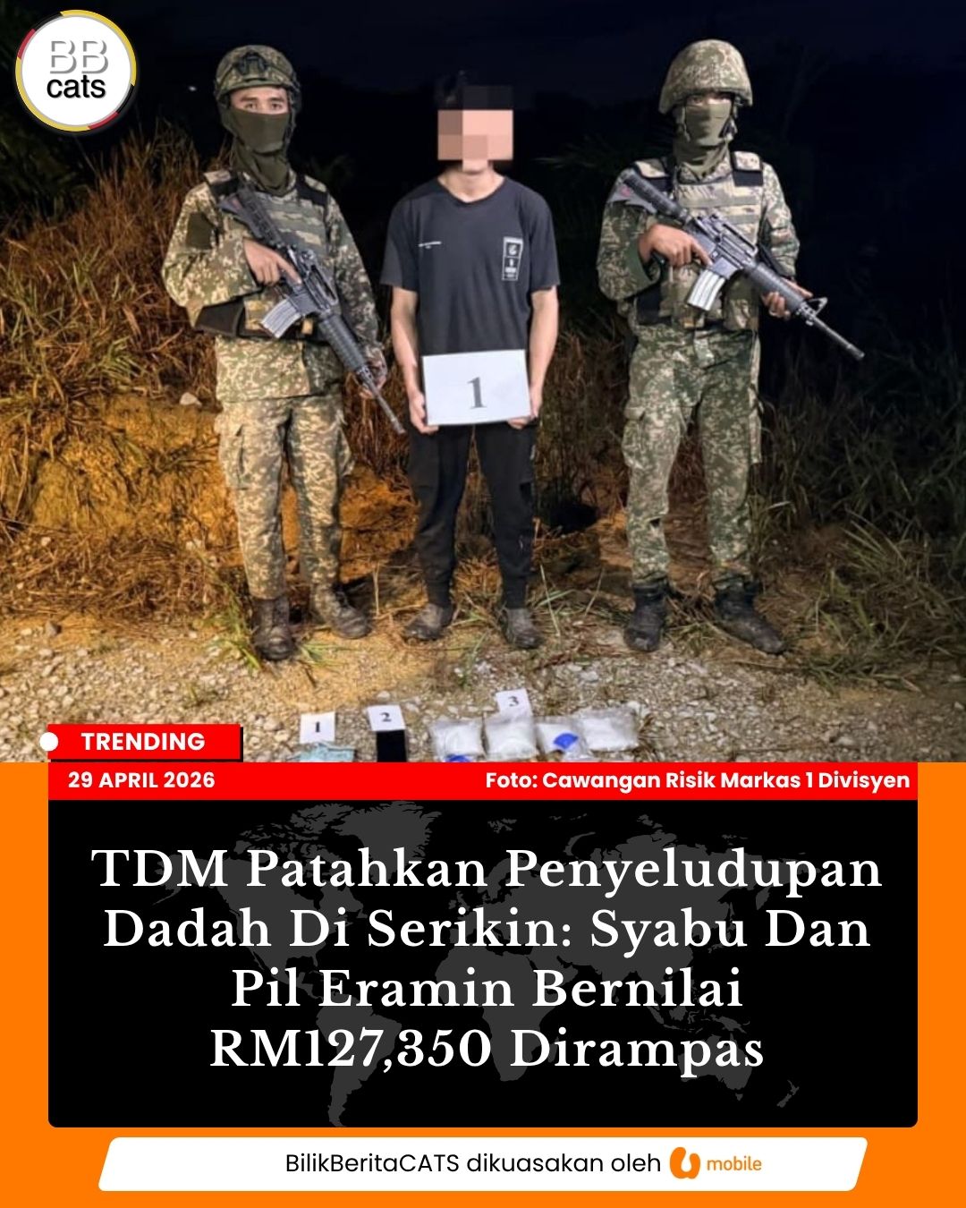 TDM Patahkan Penyeludupan Dadah Di Serikin: Syabu Dan Pil Eramin Bernilai RM127,350 Dirampas