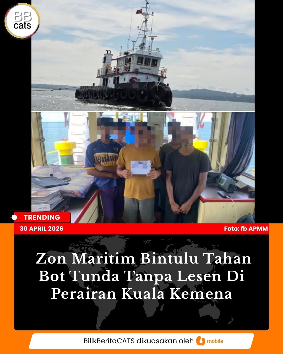 Zon Maritim Bintulu Tahan Bot Tunda Tanpa Lesen Di Perairan Kuala Kemena
