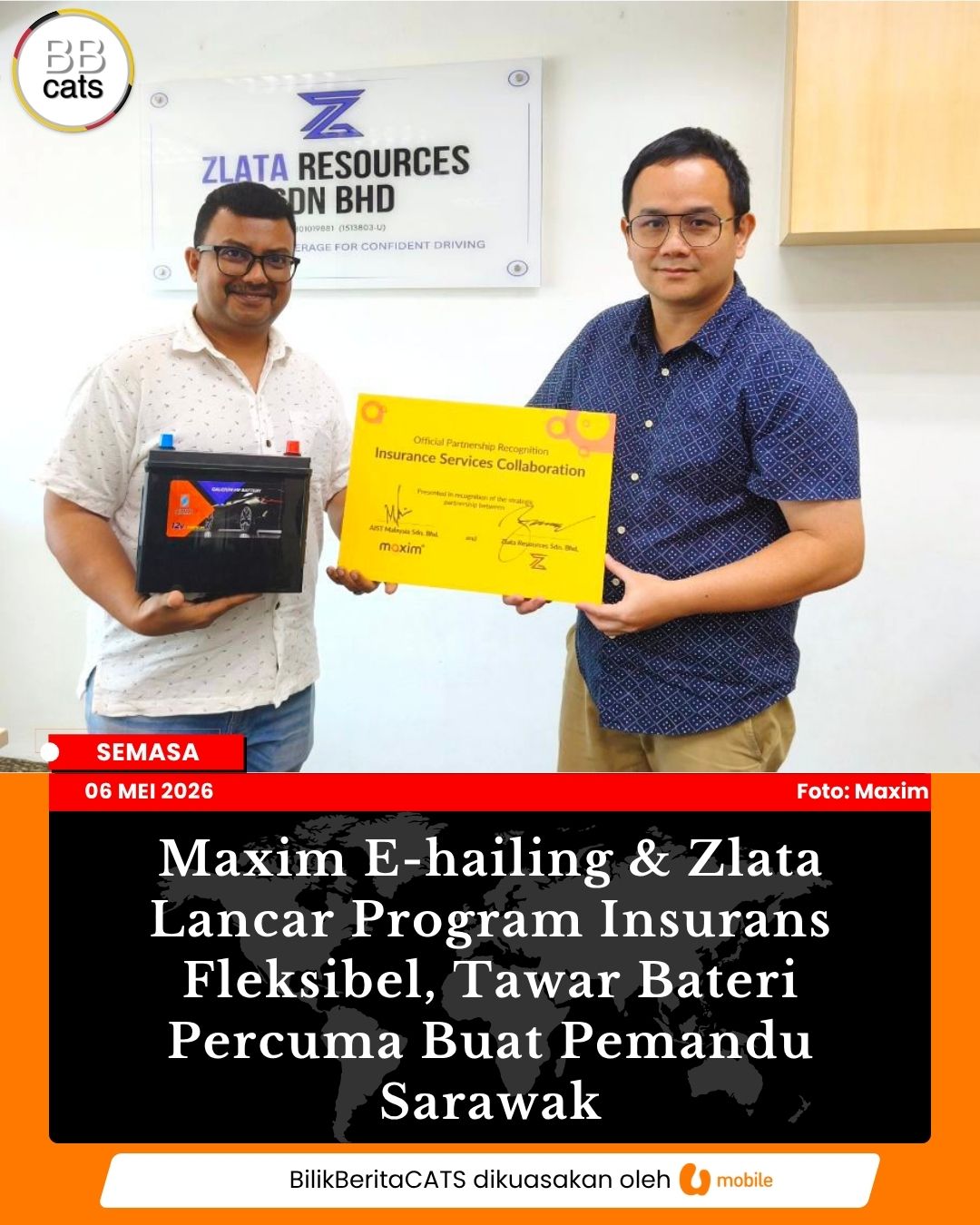 Maxim E-hailing & Zlata Lancar Program Insurans Fleksibel, Tawar Bateri Percuma Buat Pemandu Sarawak