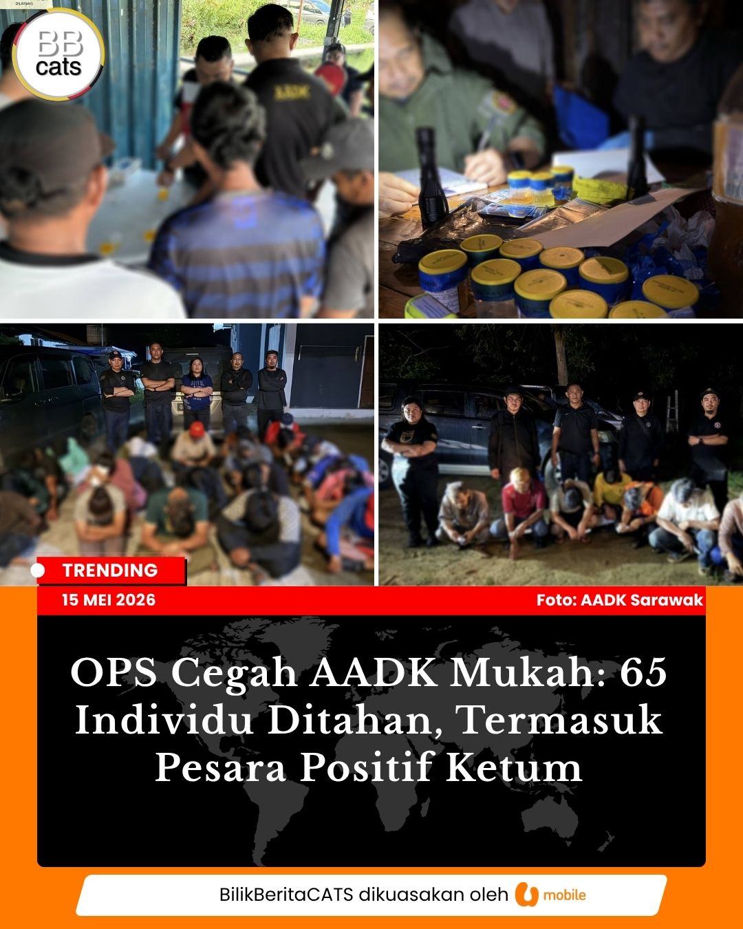 OPS Cegah AADK Mukah: 65 Individu Ditahan, Termasuk Pesara Positif Ketum