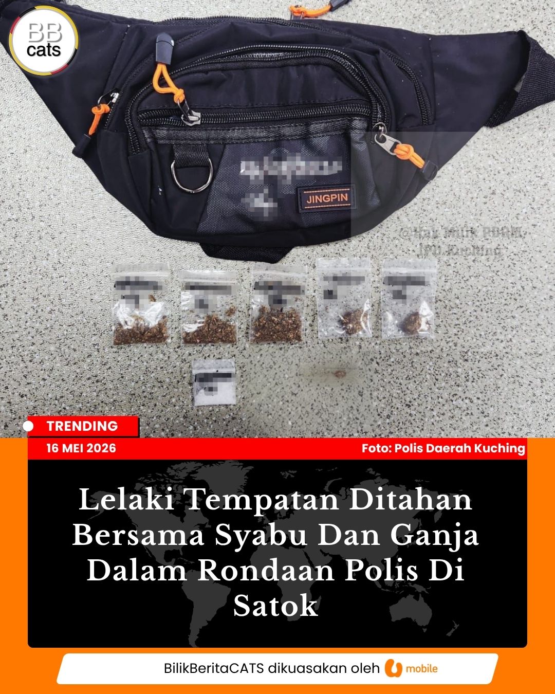Lelaki Tempatan Ditahan Bersama Syabu Dan Ganja Dalam Rondaan Polis Di Satok