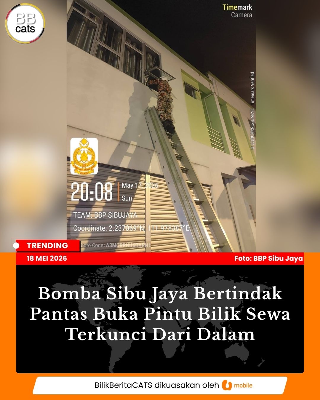 Bomba Sibu Jaya Bertindak Pantas Buka Pintu Bilik Sewa Terkunci Dari Dalam