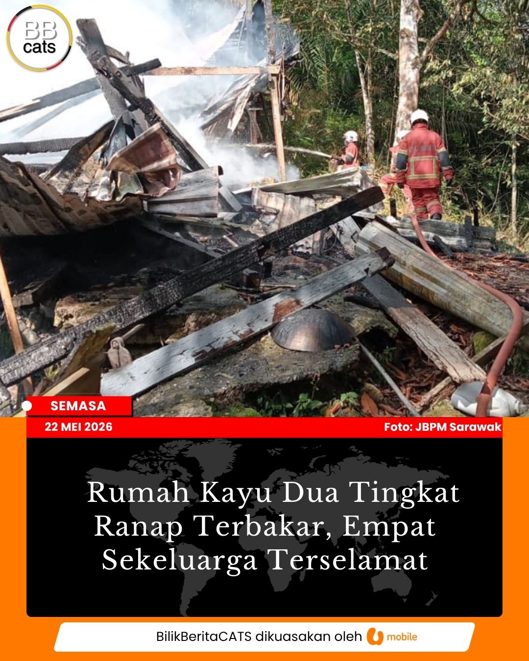 Rumah Kayu Dua Tingkat Ranap Terbakar, Empat Sekeluarga Terselamat