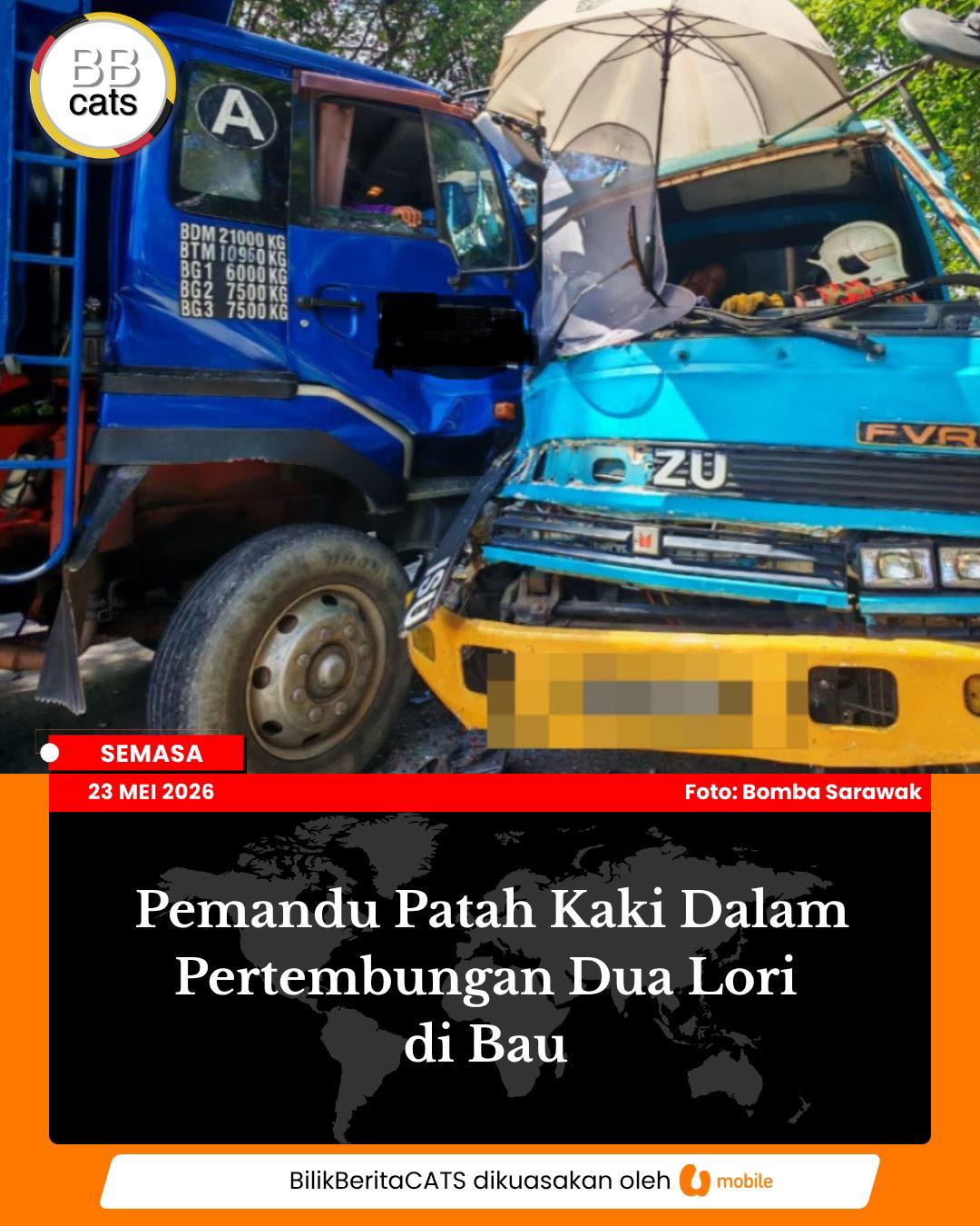 Pemandu Patah Kaki Dalam Pertembungan Dua Lori Di Bau