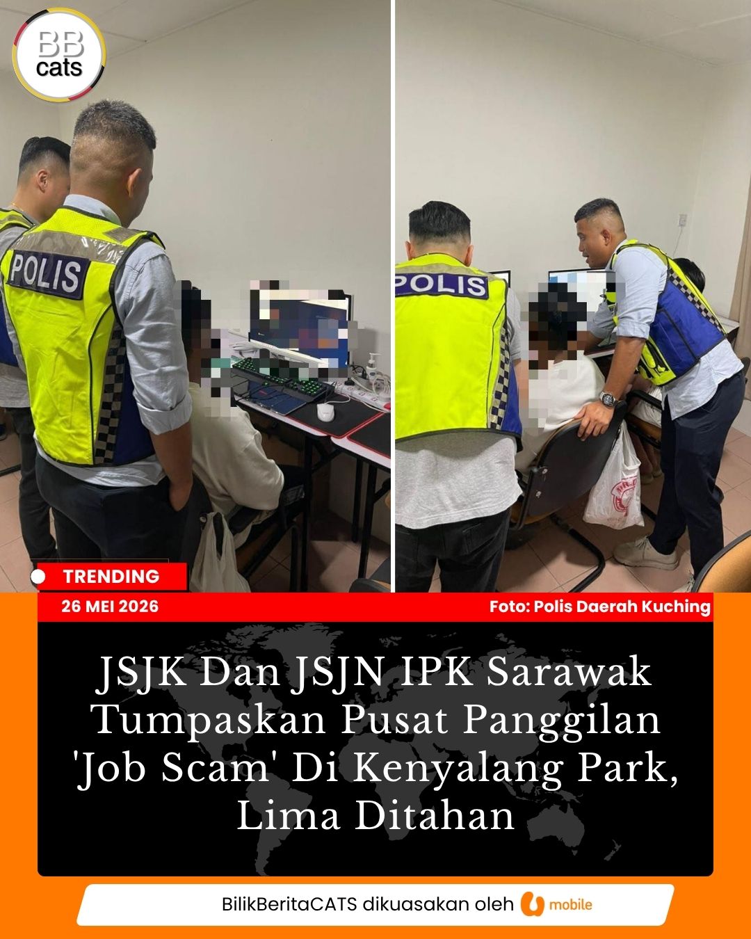 JSJK Dan JSJN IPK Sarawak Tumpaskan Pusat Panggilan 'Job Scam' Di Kenyalang Park, Lima Ditahan