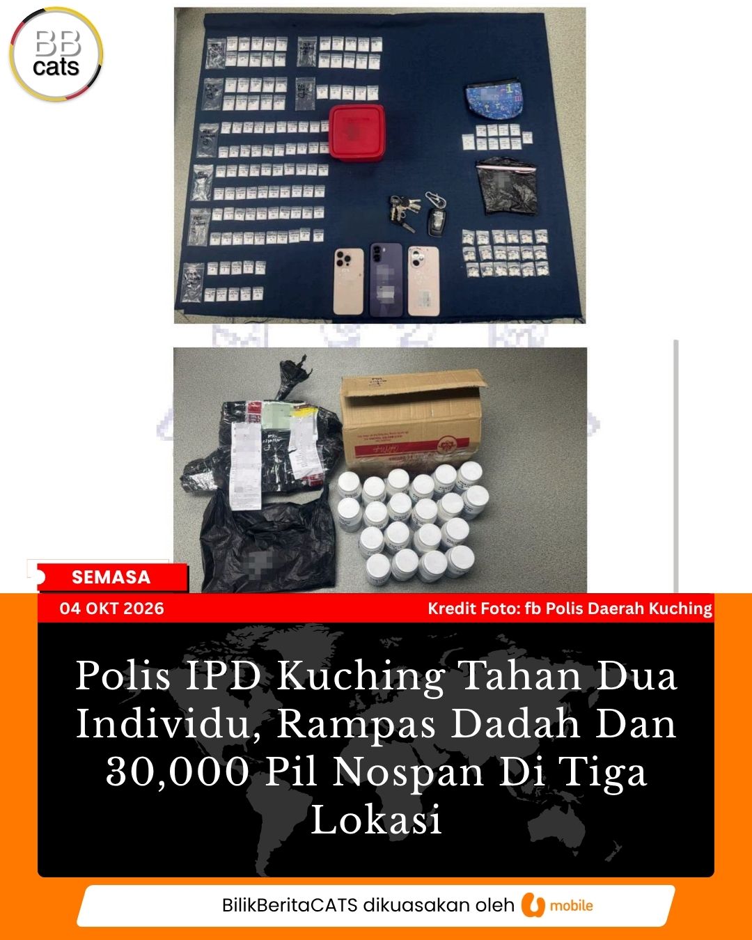 Polis IPD Kuching Tahan Dua Individu, Rampas Dadah Dan 30,000 Pil Nospan Di Tiga Lokasi